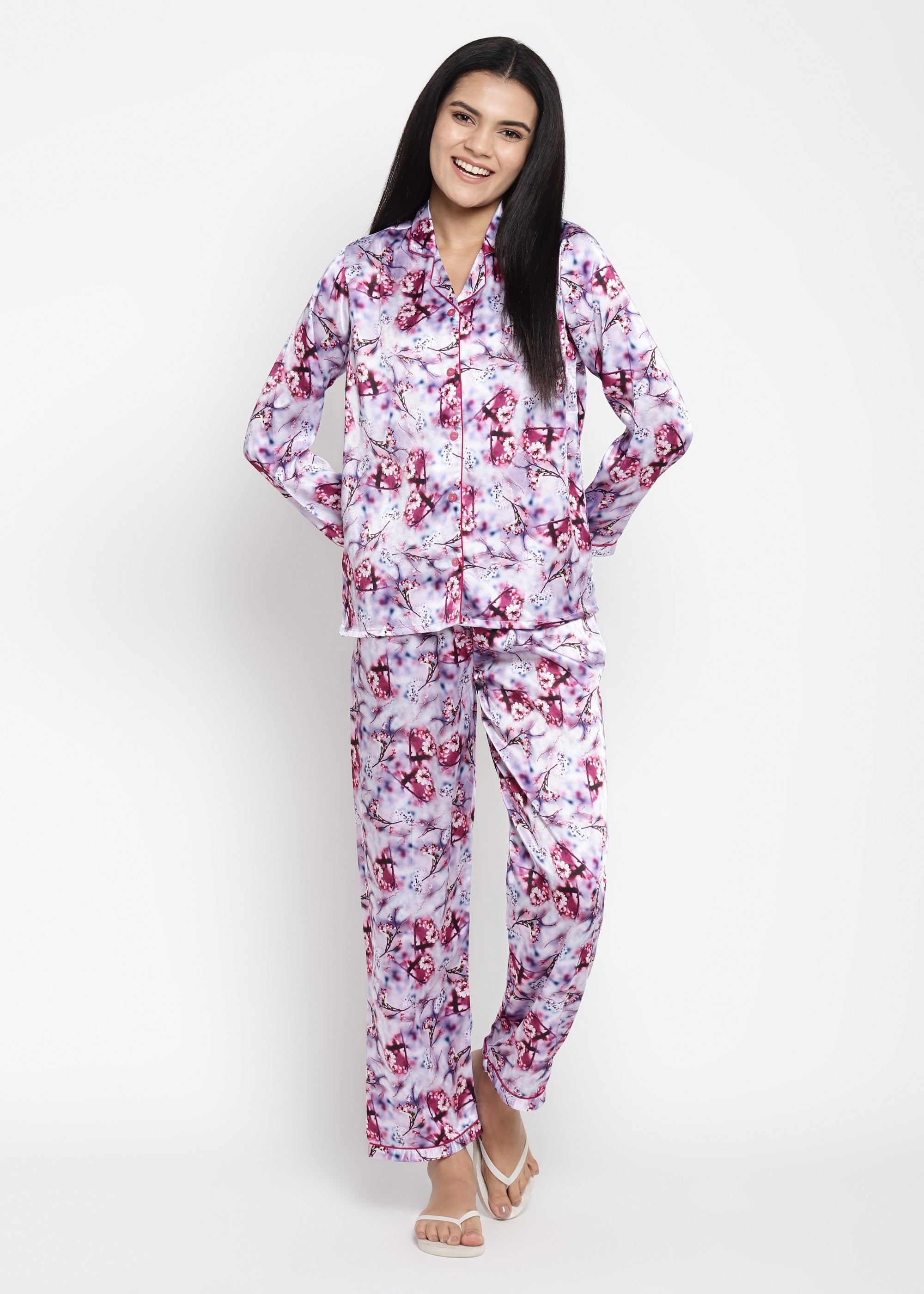 Cherry Blossom Print Long Sleeve Women's Night Suit - Shopbloom