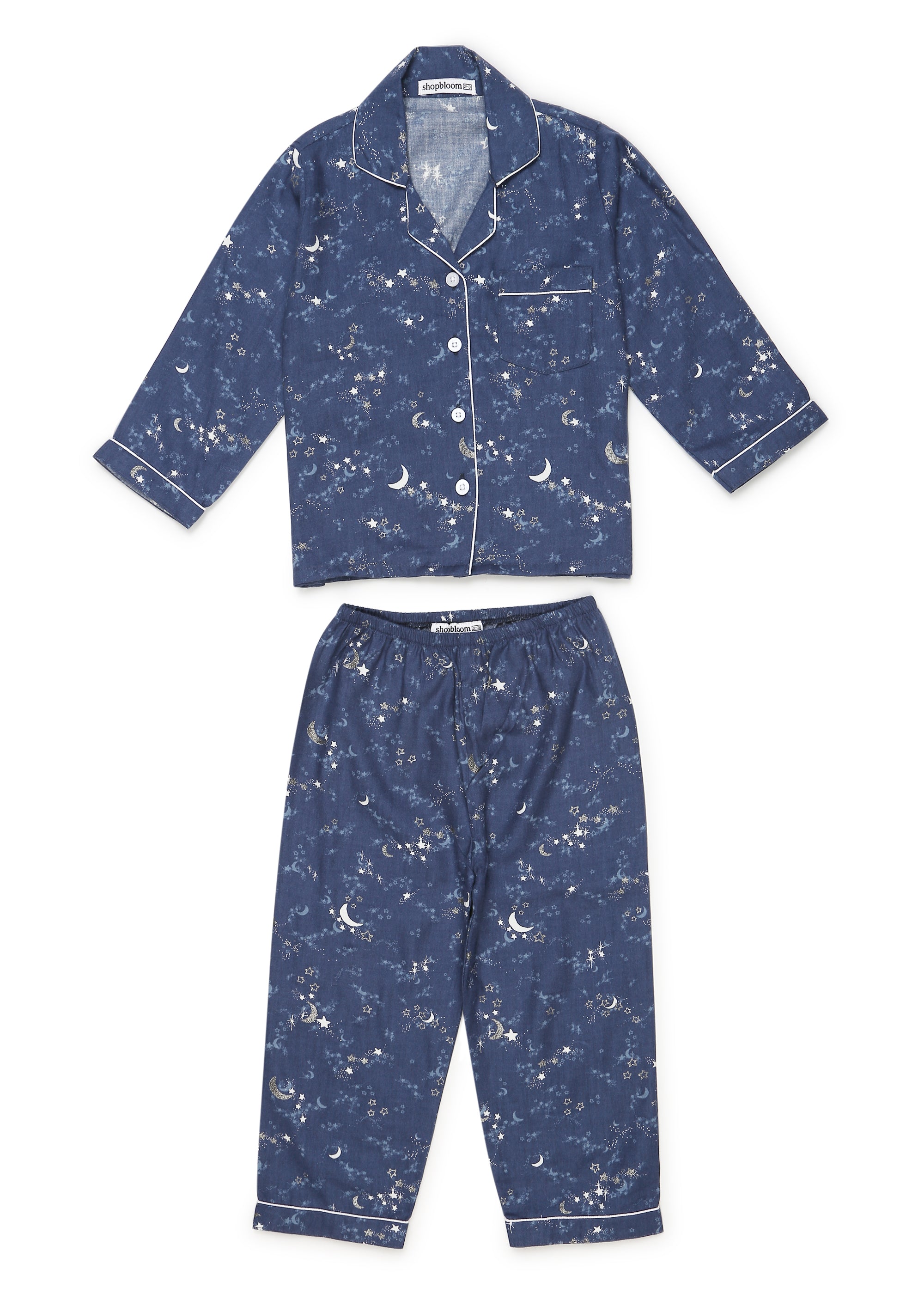 Blue Star and Moon Print Cotton Flannel Long Sleeve Kid's Night Suit - Shopbloom
