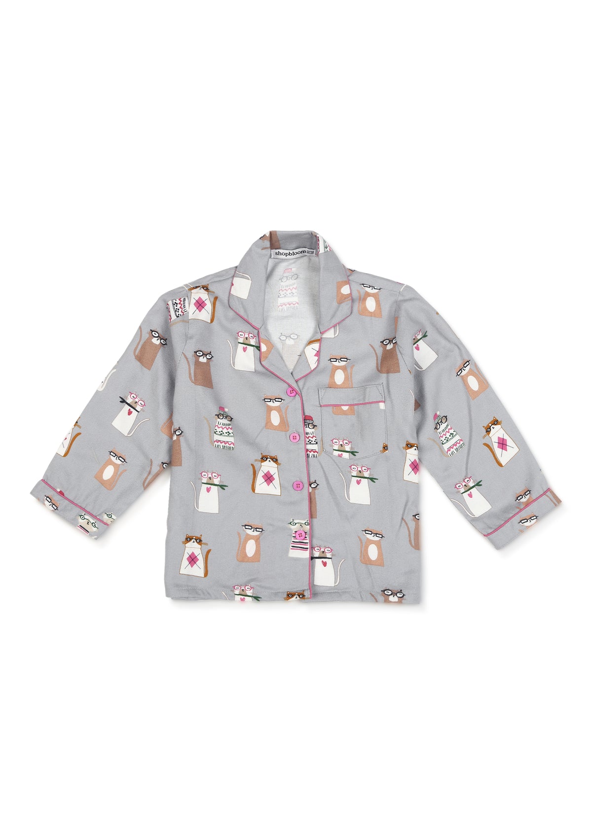 Kitty Print Cotton Flannel Long Sleeve Kid's Night Suit - Shopbloom