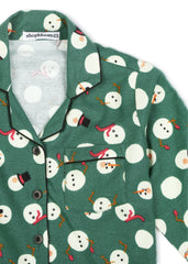 Green Snowman Print Cotton Flannel Long Sleeve Kid's Night Suit - Shopbloom