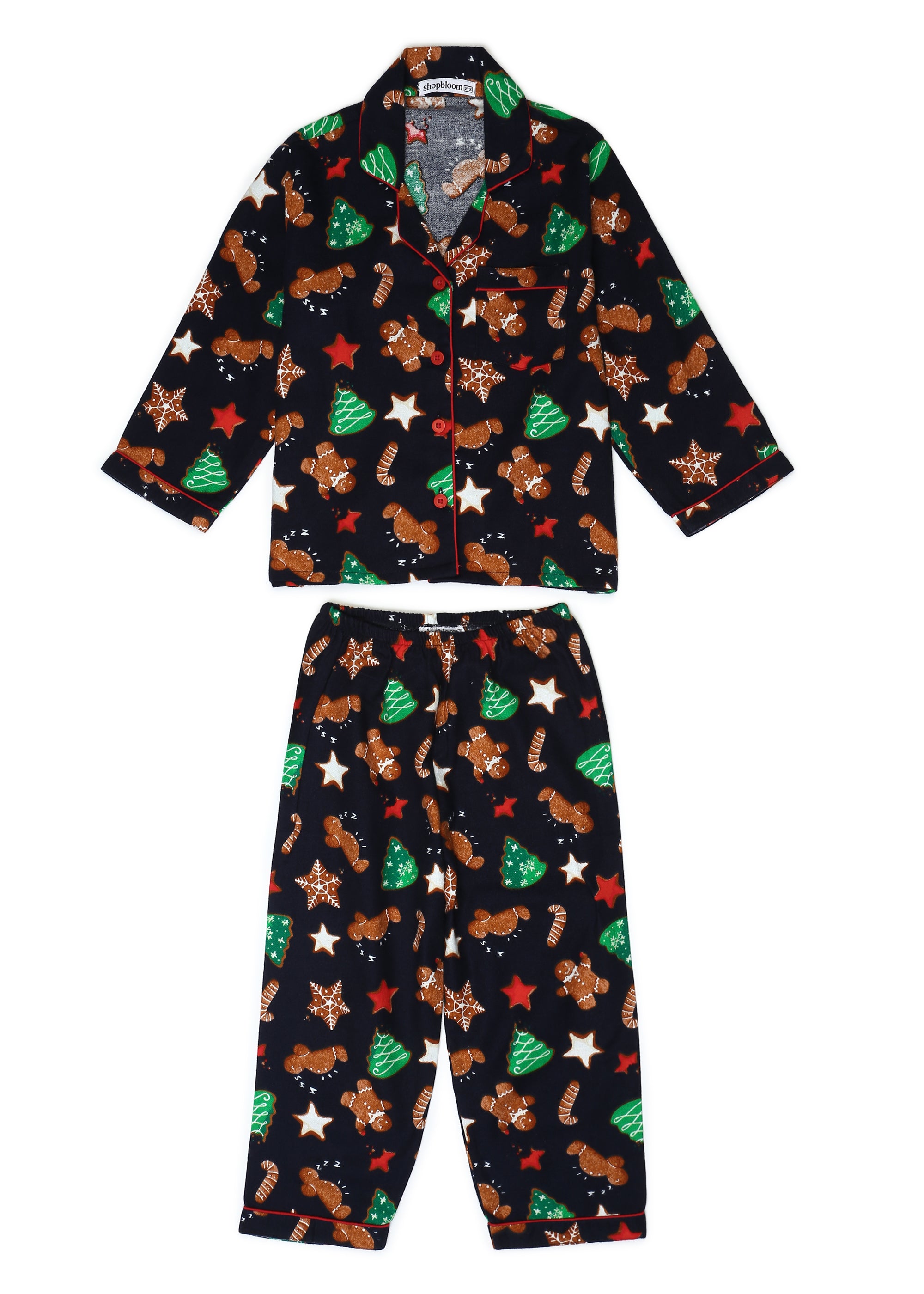Blue gingerbread Print Cotton Flannel Long Sleeve Kid's Night Suit - Shopbloom