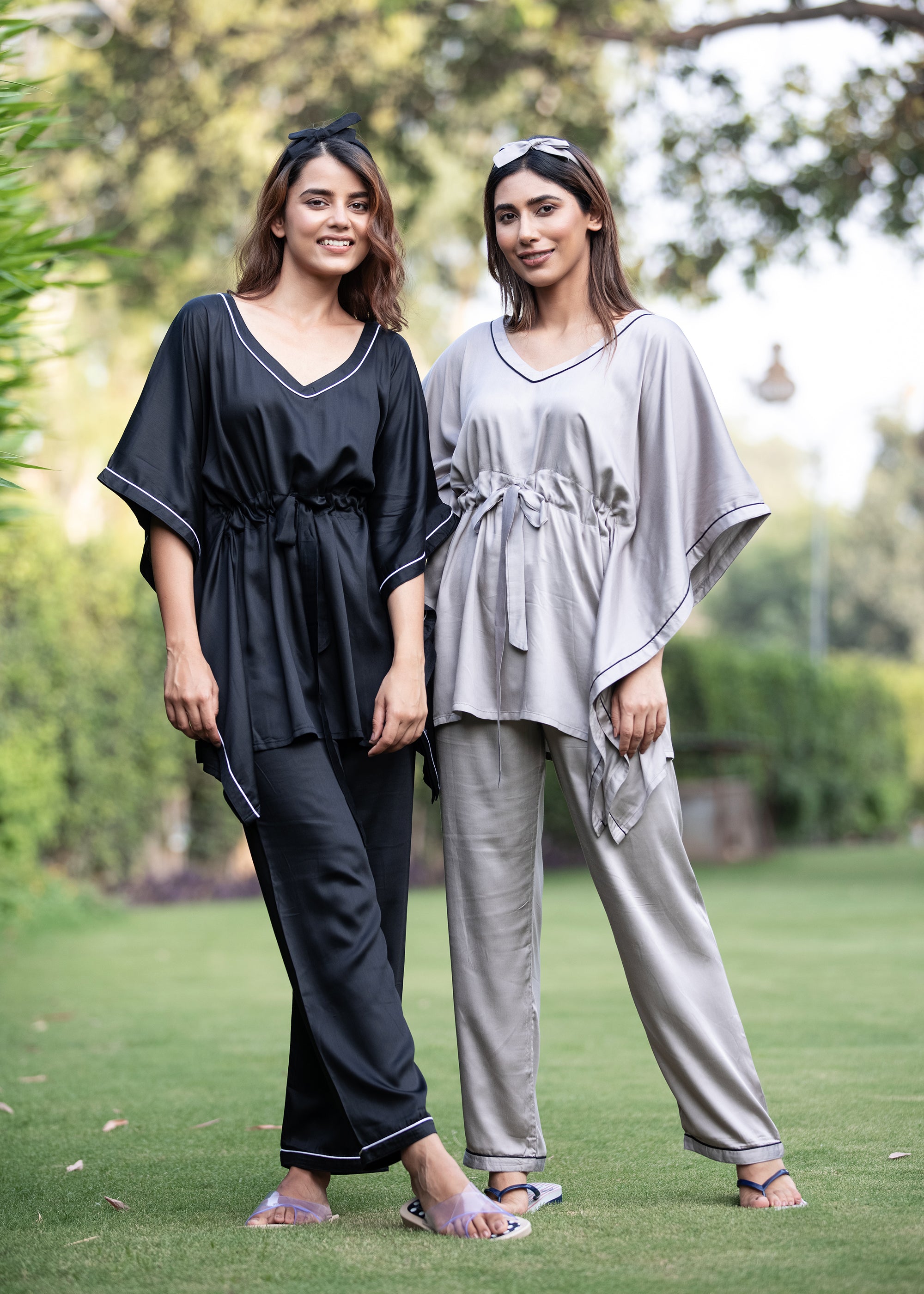 Ultra Soft Light Grey Modal Satin Women's Kaftan Night Suit - Shopbloom
