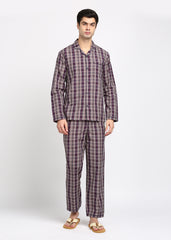 Navy and Red Checkered Long Sleeve Men's Night Suit - Shopbloom