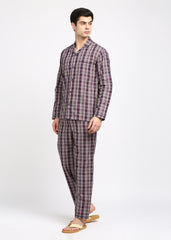 Navy and Red Checkered Long Sleeve Men's Night Suit - Shopbloom