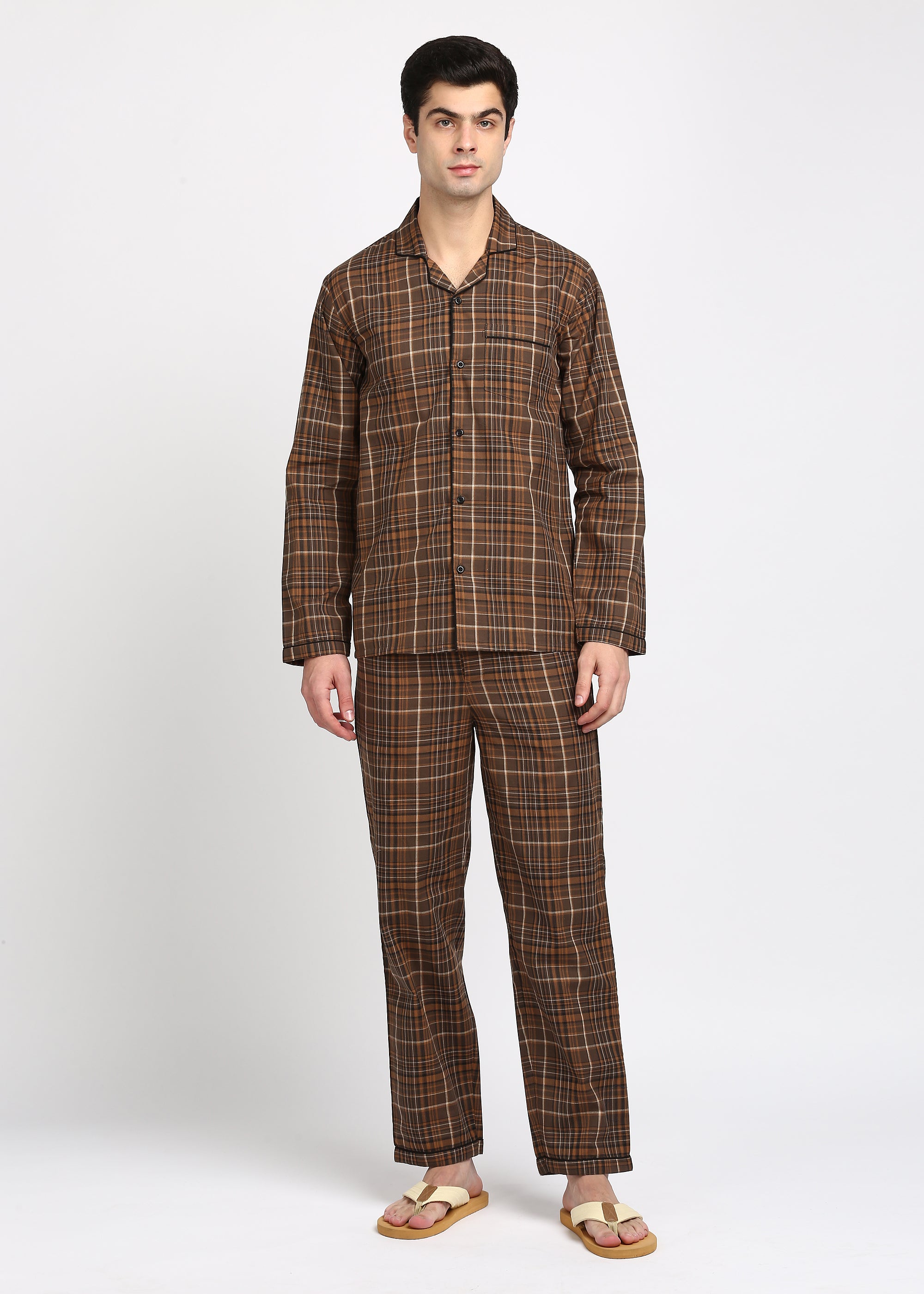Brown and Black Checkered Long Sleeve Men's Night Suit - Shopbloom