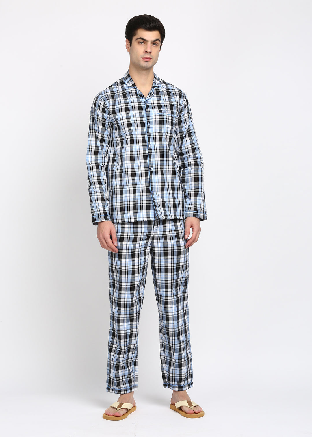 Light Blue and Black Checkered Long Sleeve Men's Night Suit - Shopbloom