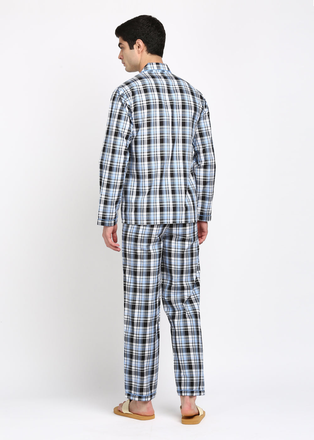 Light Blue and Black Checkered Long Sleeve Men's Night Suit - Shopbloom