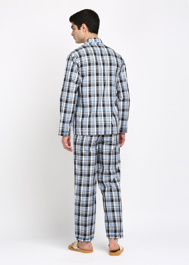 Light Blue and Black Checkered Long Sleeve Men's Night Suit - Shopbloom