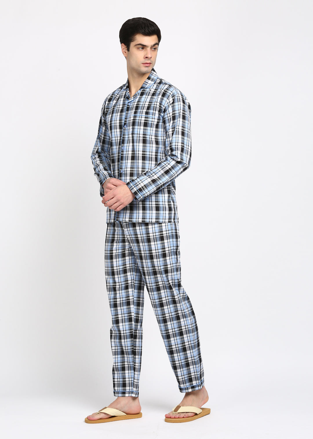 Light Blue and Black Checkered Long Sleeve Men's Night Suit - Shopbloom