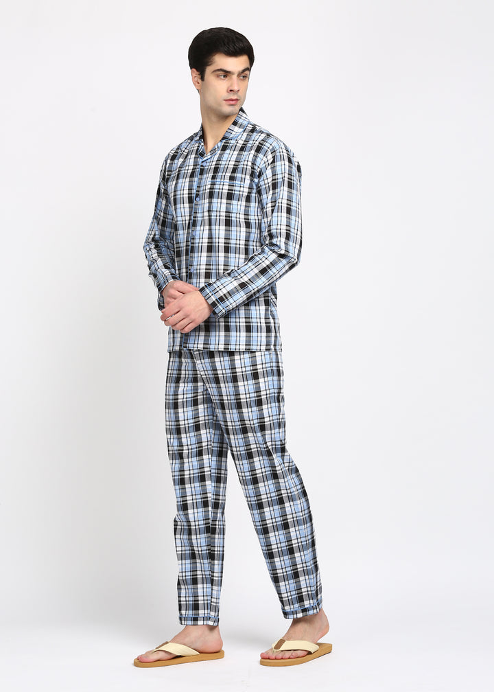 Light Blue and Black Checkered Long Sleeve Men's Night Suit - Shopbloom
