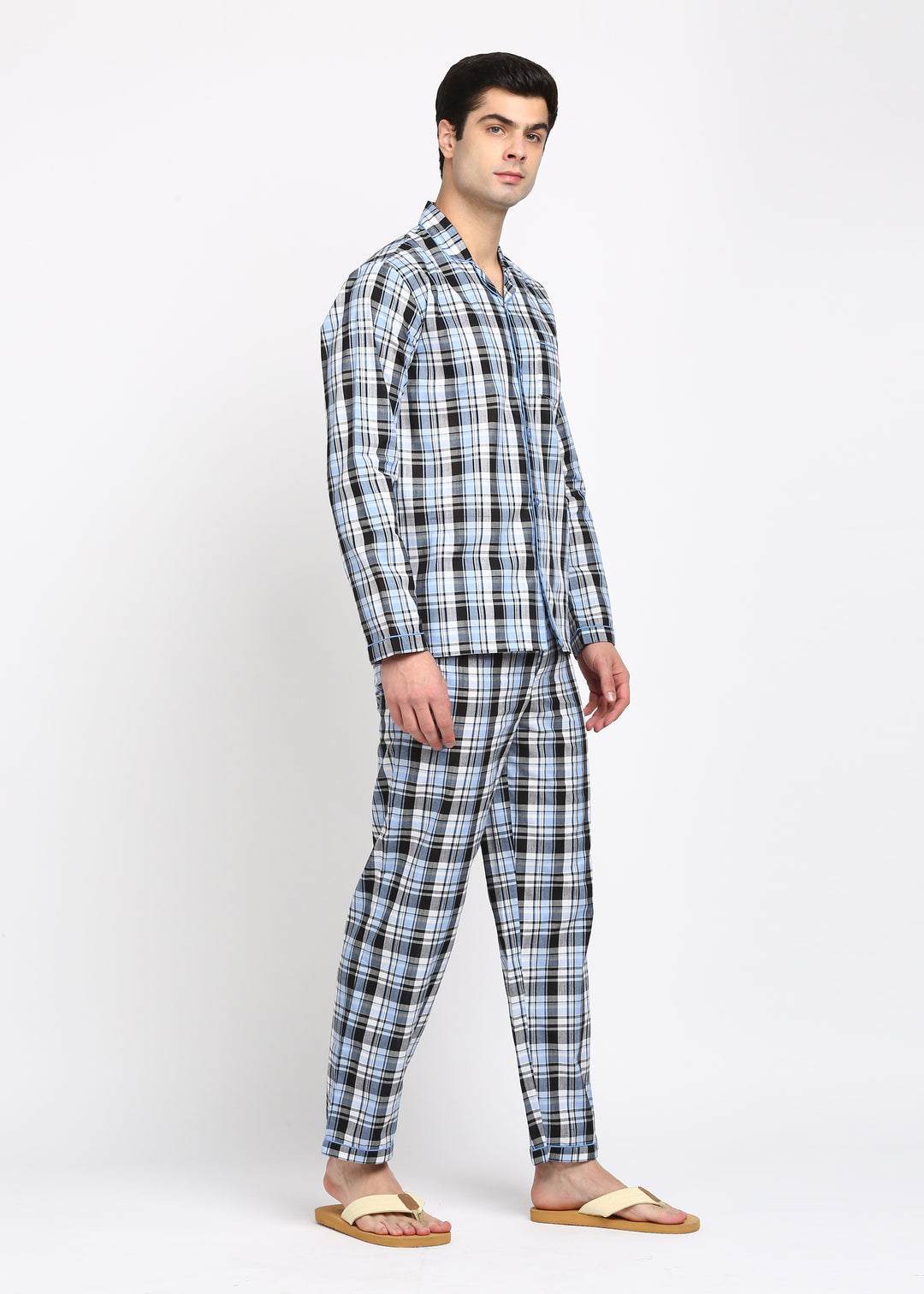 Light Blue and Black Checkered Long Sleeve Men's Night Suit - Shopbloom