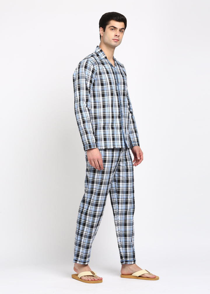Light Blue and Black Checkered Long Sleeve Men's Night Suit - Shopbloom