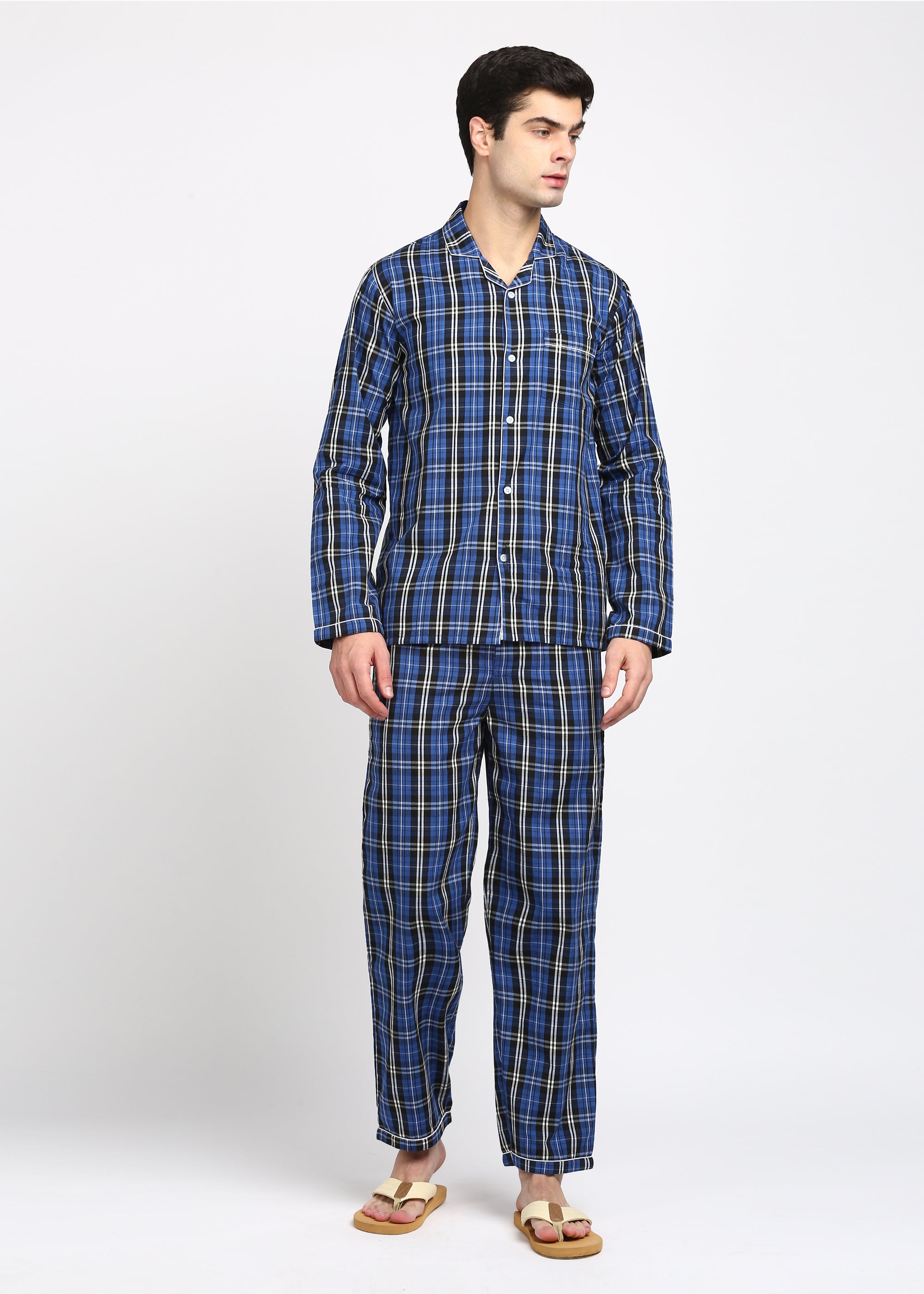 Blue and Black Checkered Long Sleeve Men's Night Suit - Shopbloom