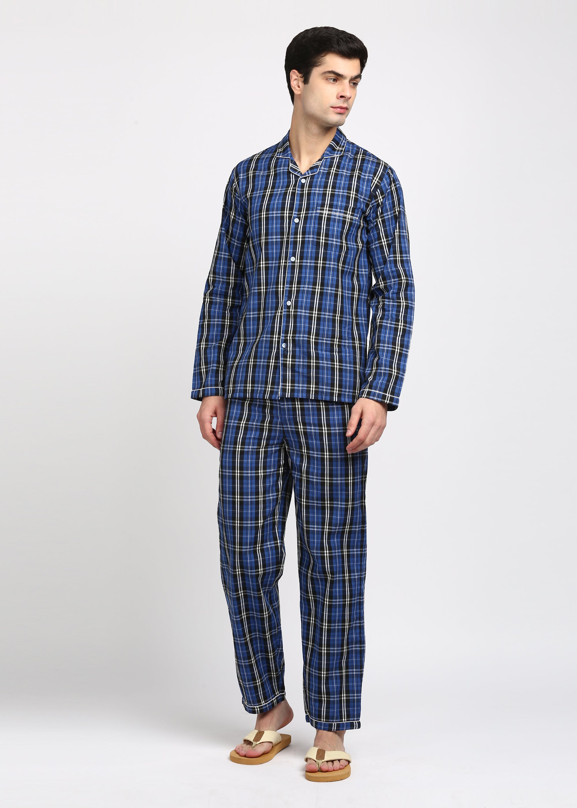 Blue and Black Checkered Long Sleeve Men's Night Suit - Shopbloom
