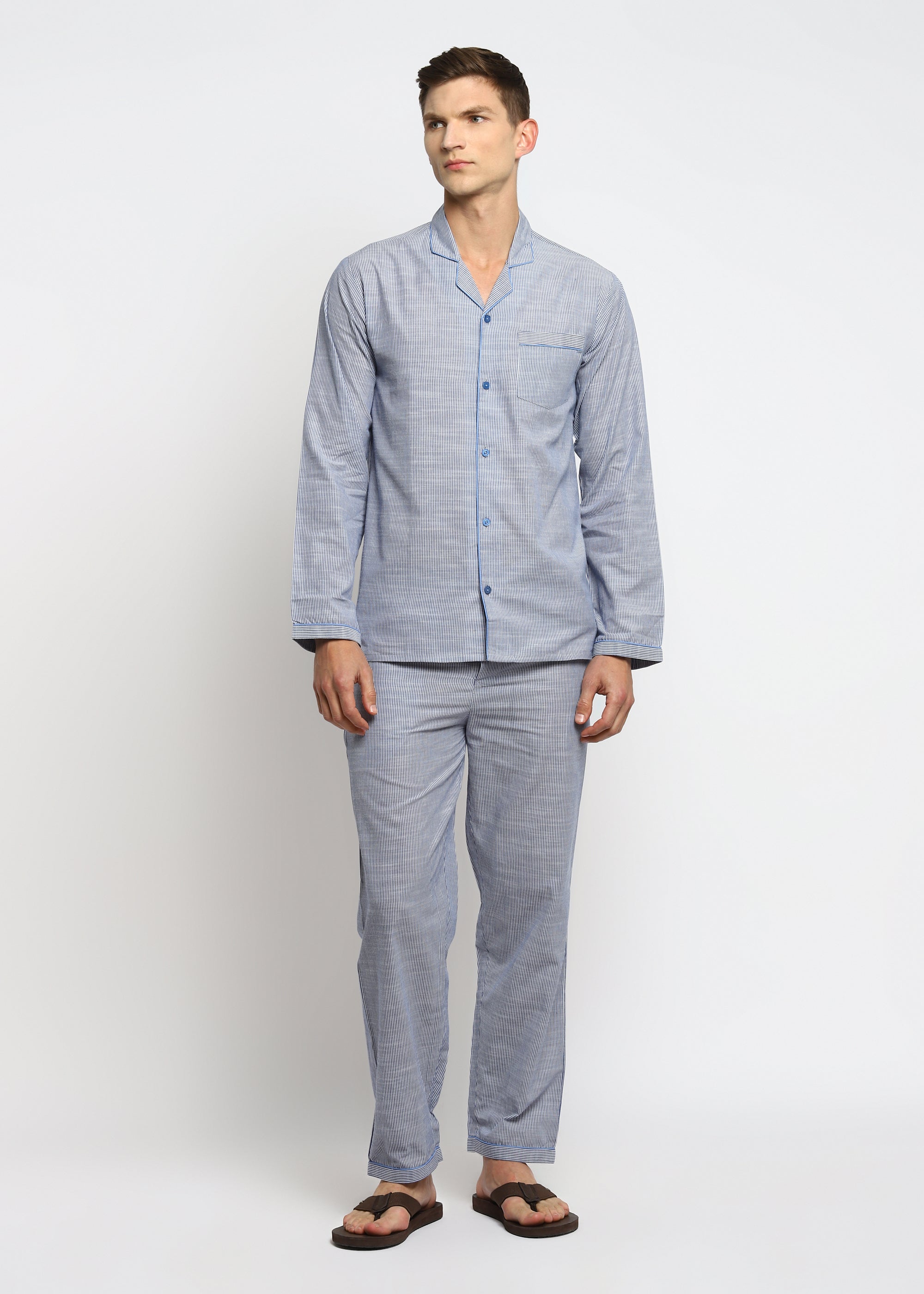 Blue Stripes Cotton Long Sleeve Men's Night Suit - Shopbloom