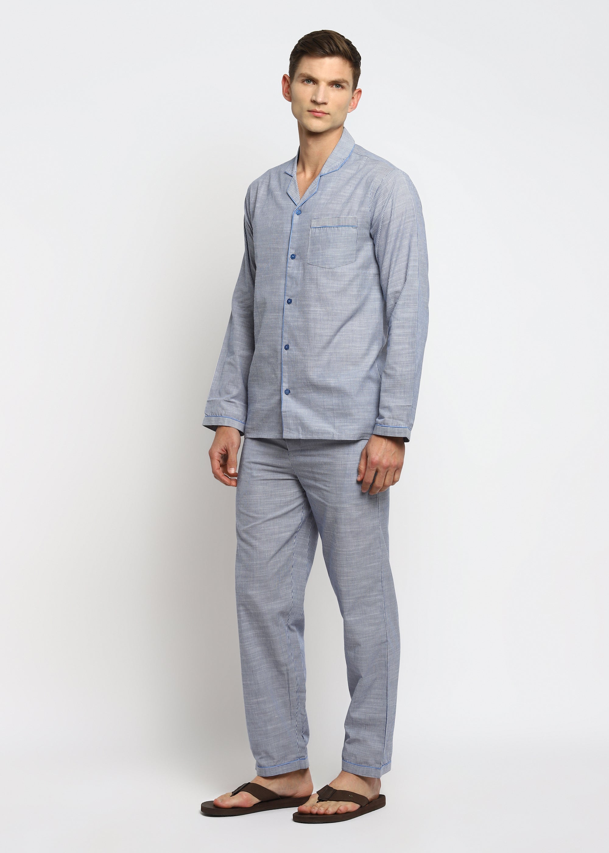 Blue Stripes Cotton Long Sleeve Men's Night Suit - Shopbloom