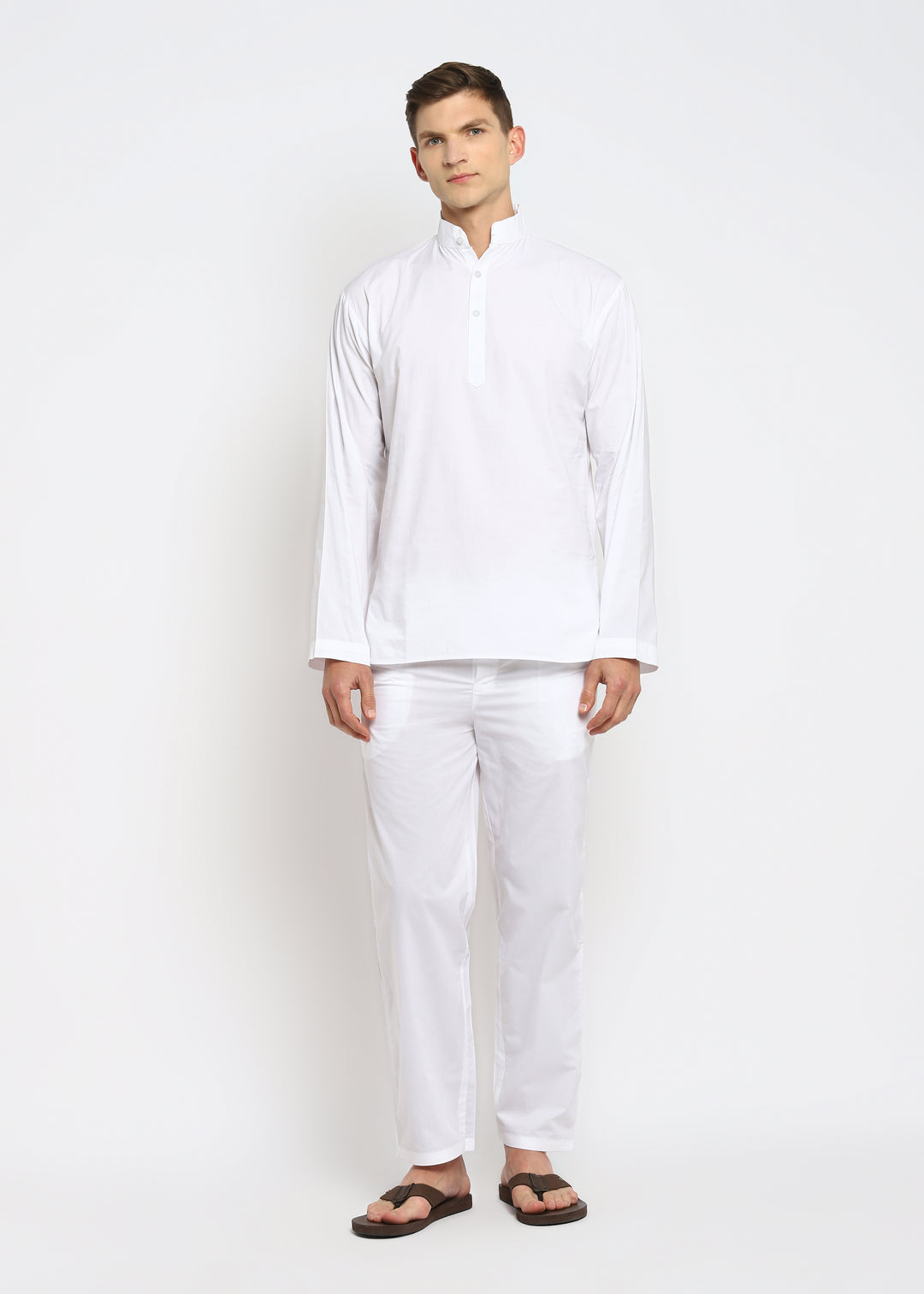 White Chinese Collar Long Sleeve Men's Night Suit - Main Image