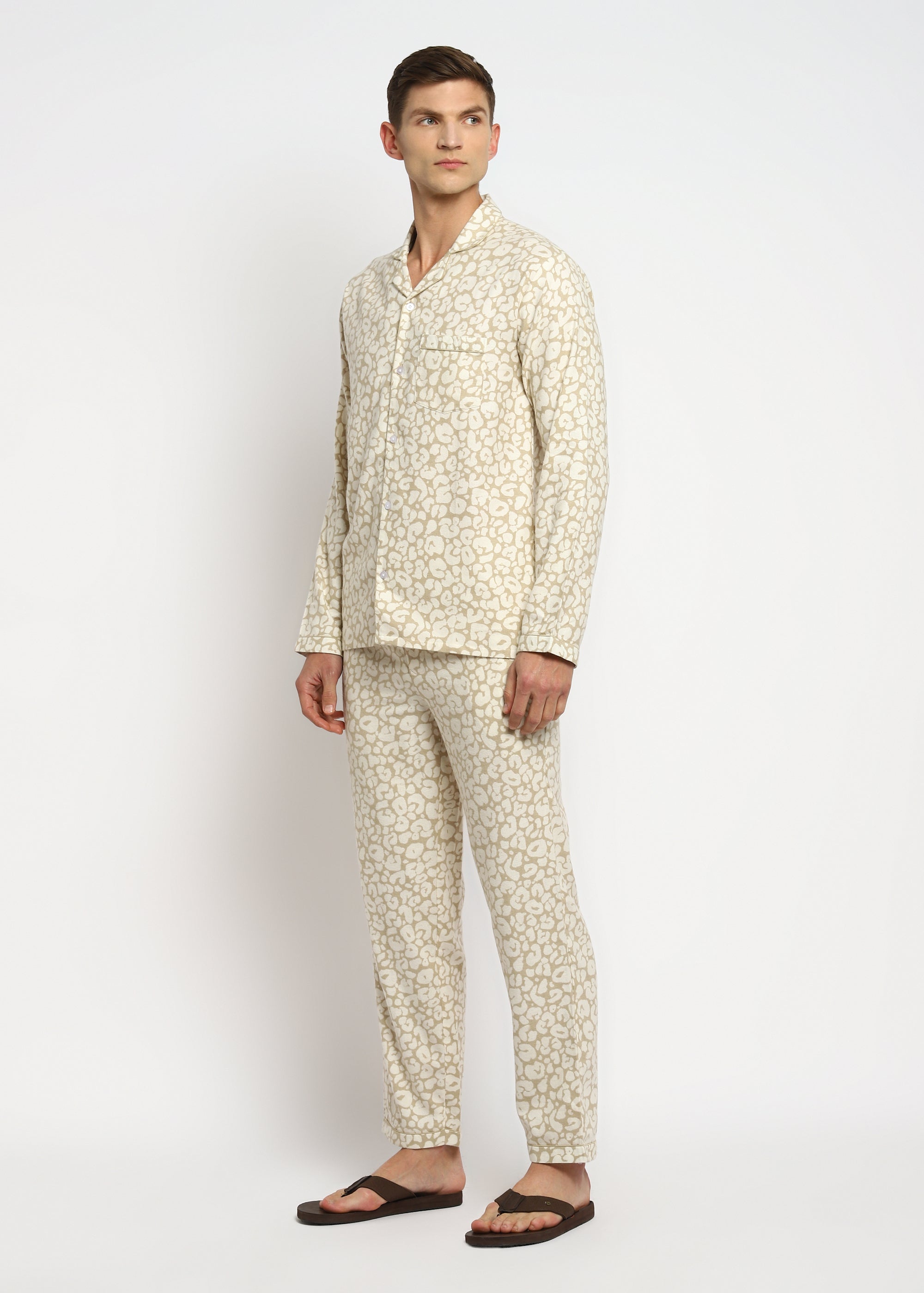 Beige Print Cotton Flannel Long Sleeve Men's Night Suit - Shopbloom