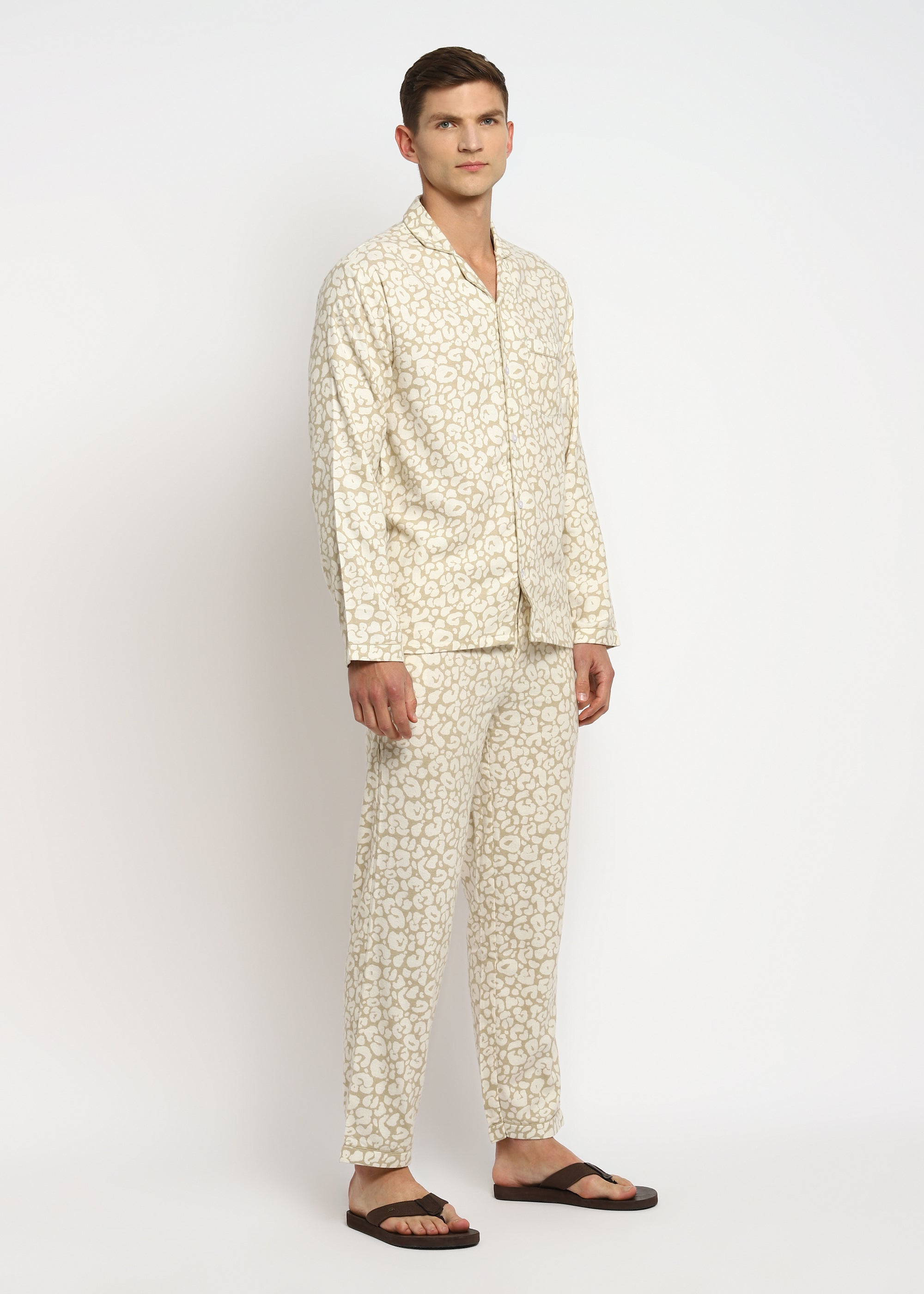 Beige Print Cotton Flannel Long Sleeve Men's Night Suit - Shopbloom