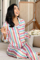 Multi Colored Stripe Satin Long Sleeve Women's Night Suit - Shopbloom