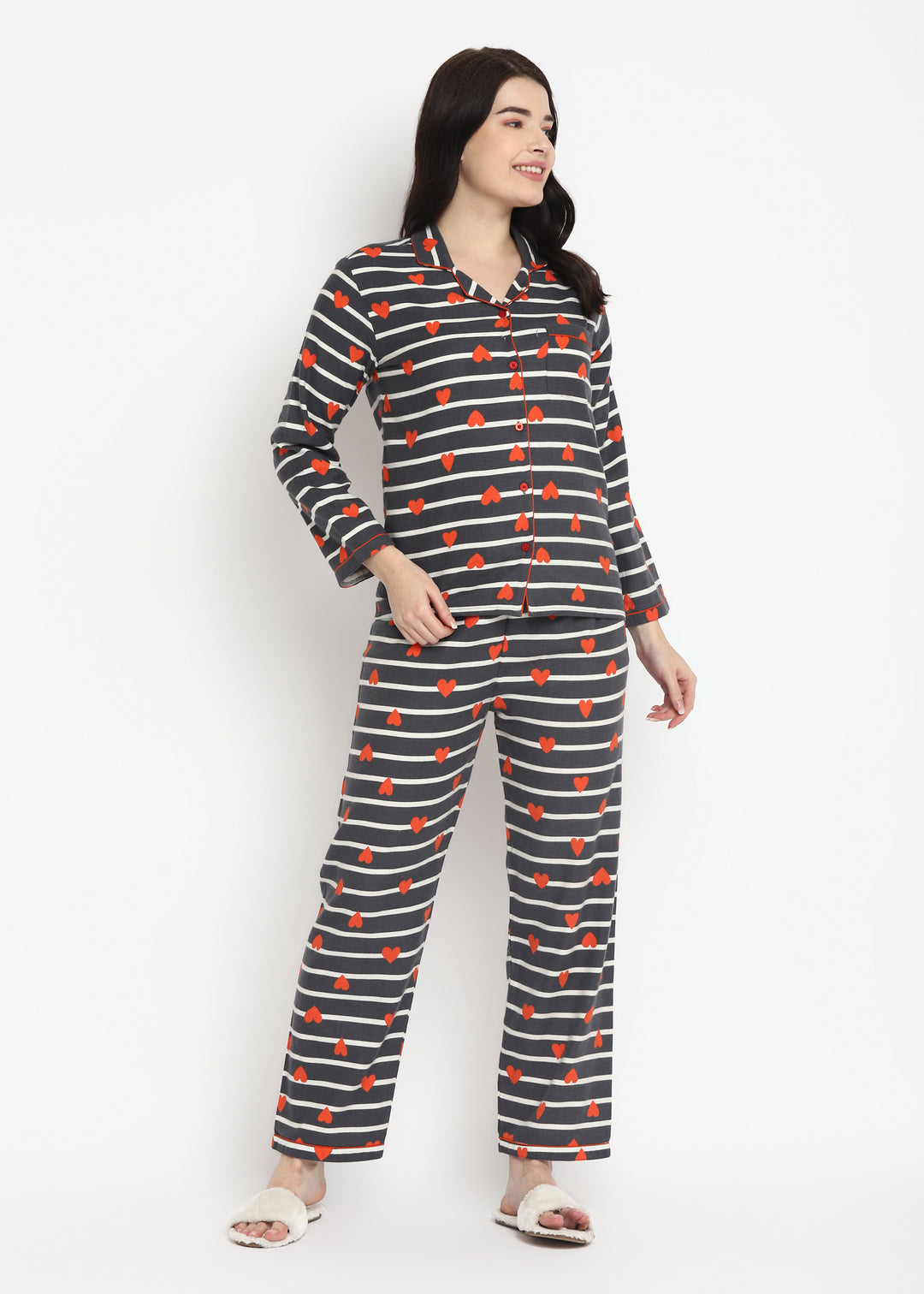 Hearts Stripe Print Cotton Flannel Long Sleeve Women's Night Suit - Shopbloom