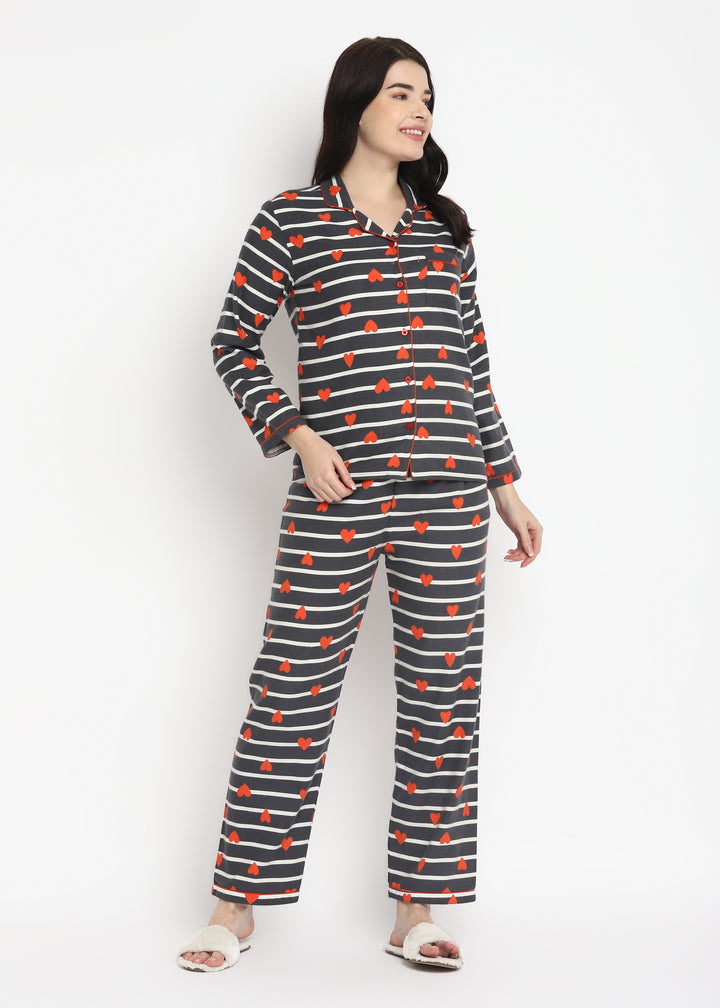 Hearts Stripe Print Cotton Flannel Long Sleeve Women's Night Suit - Shopbloom