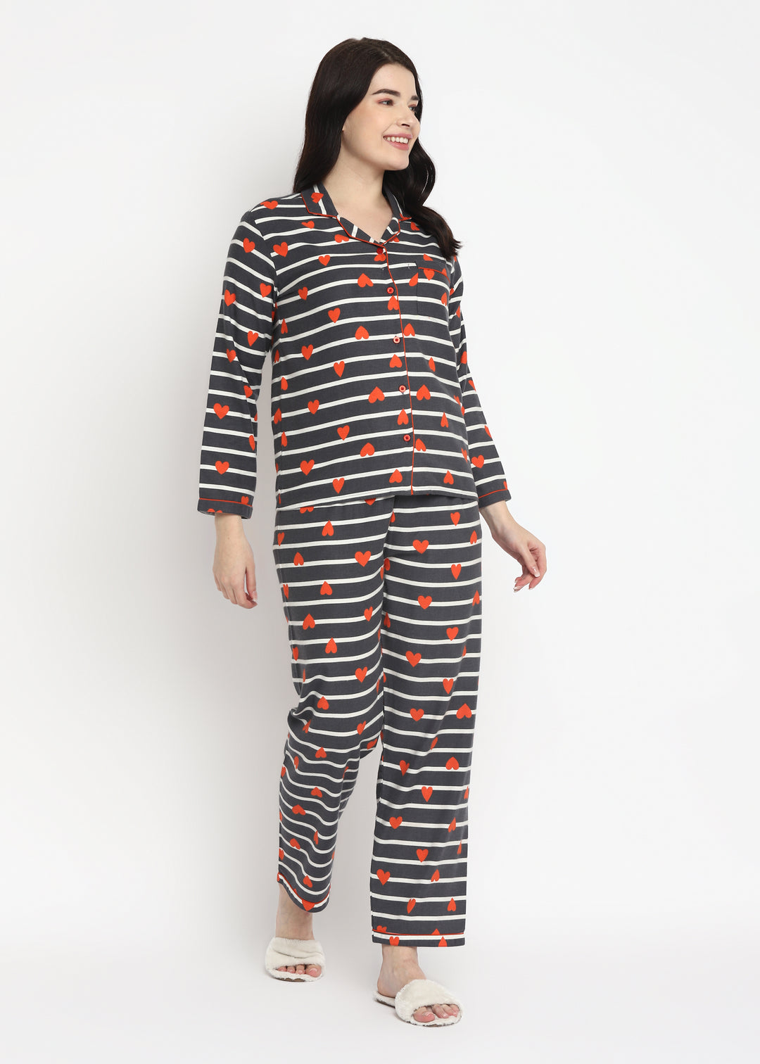 Hearts Stripe Print Cotton Flannel Long Sleeve Women's Night Suit - Shopbloom