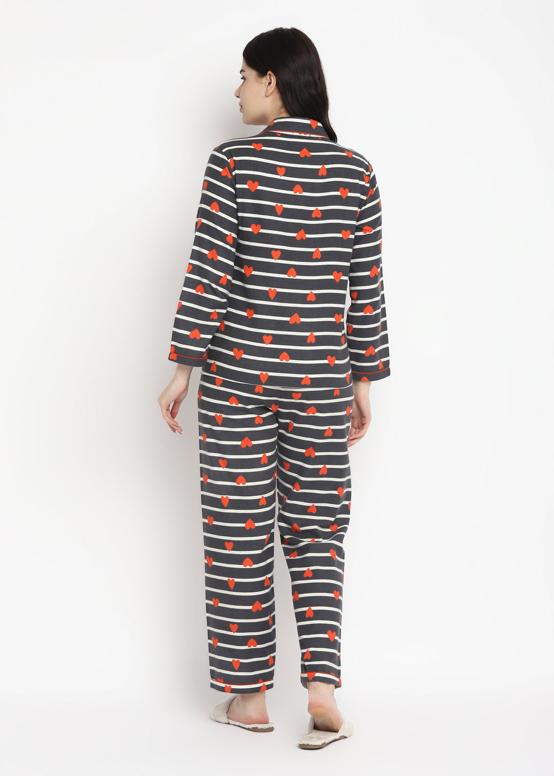Hearts Stripe Print Cotton Flannel Long Sleeve Women's Night Suit - Shopbloom