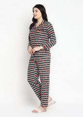 Hearts Stripe Print Cotton Flannel Long Sleeve Women's Night Suit - Shopbloom