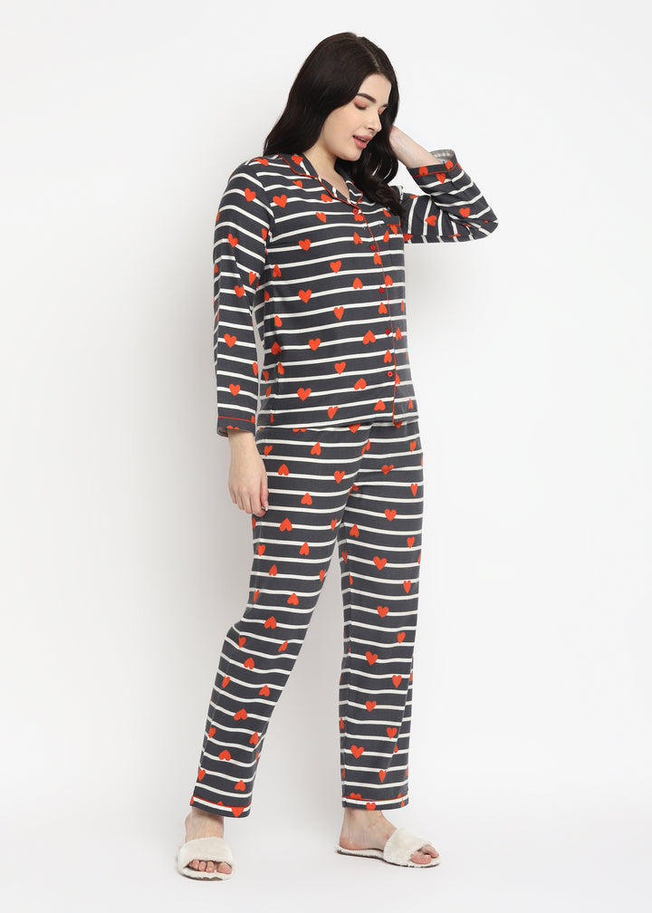 Hearts Stripe Print Cotton Flannel Long Sleeve Women's Night Suit - Shopbloom