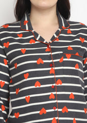 Hearts Stripe Print Cotton Flannel Long Sleeve Women's Night Suit - Shopbloom