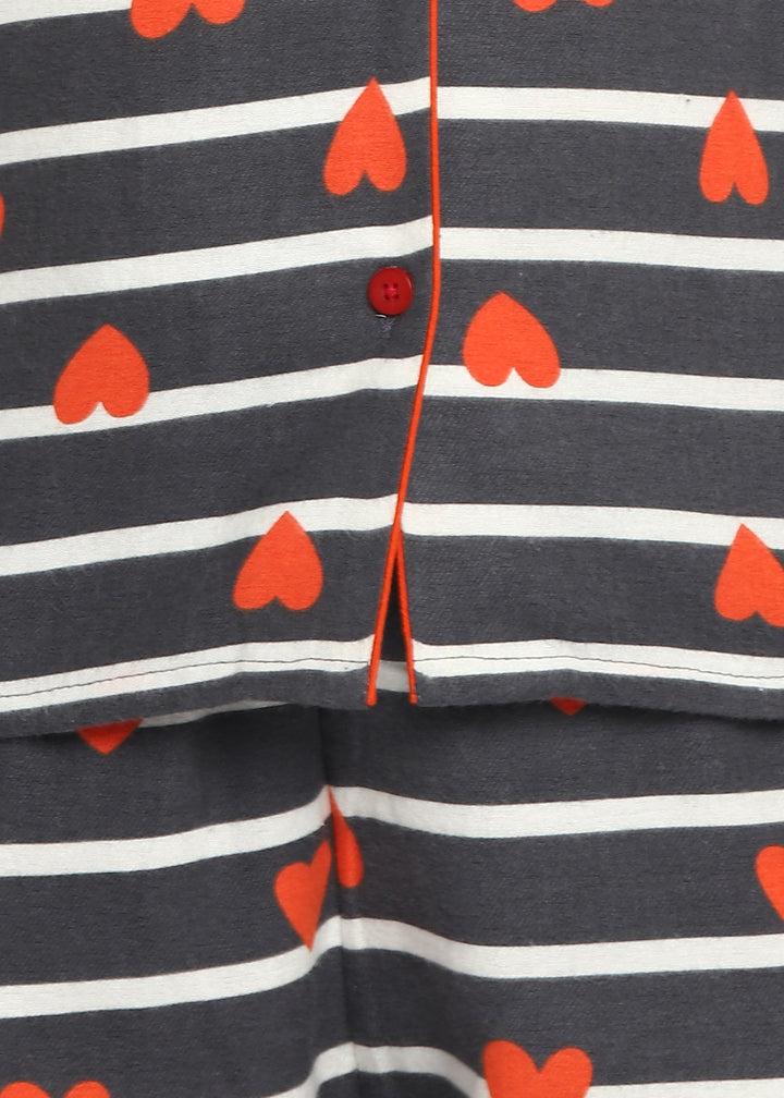 Hearts Stripe Print Cotton Flannel Long Sleeve Women's Night Suit - Shopbloom