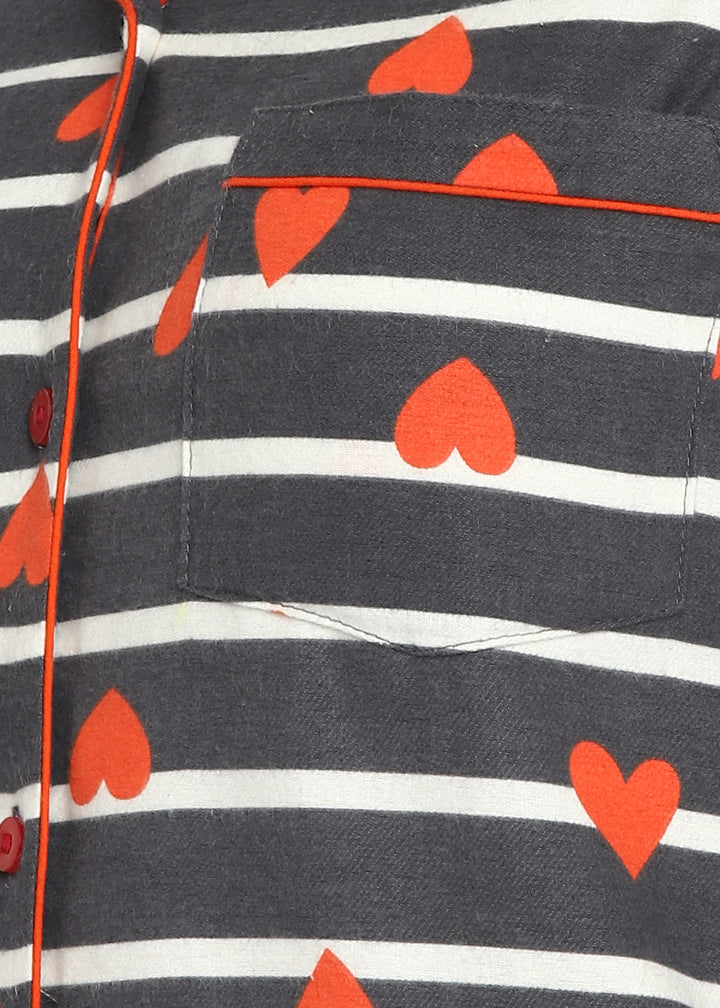 Hearts Stripe Print Cotton Flannel Long Sleeve Women's Night Suit - Shopbloom