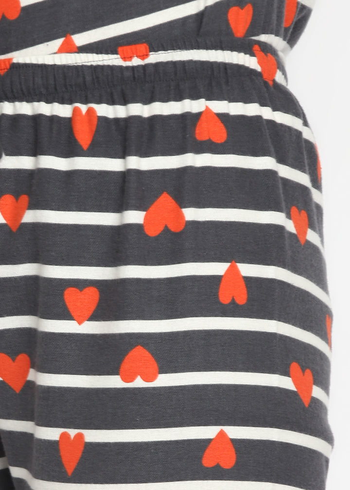 Hearts Stripe Print Cotton Flannel Long Sleeve Women's Night Suit - Shopbloom