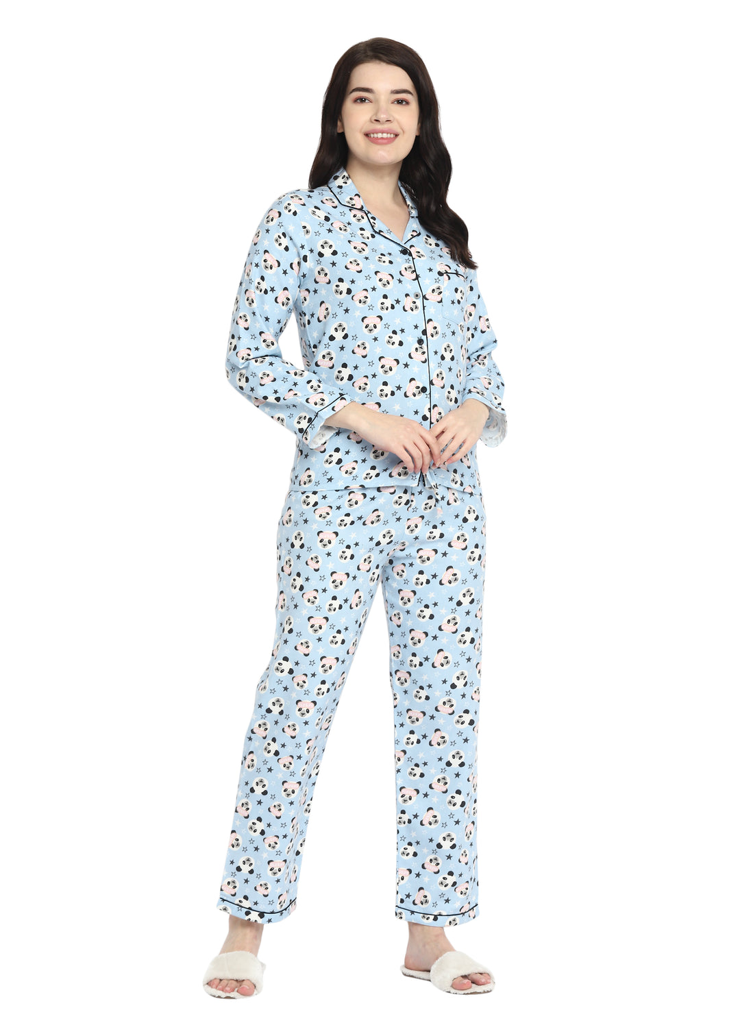 Sleepy Panda Print Cotton Flannel Long Sleeve Women's Night Suit - Shopbloom