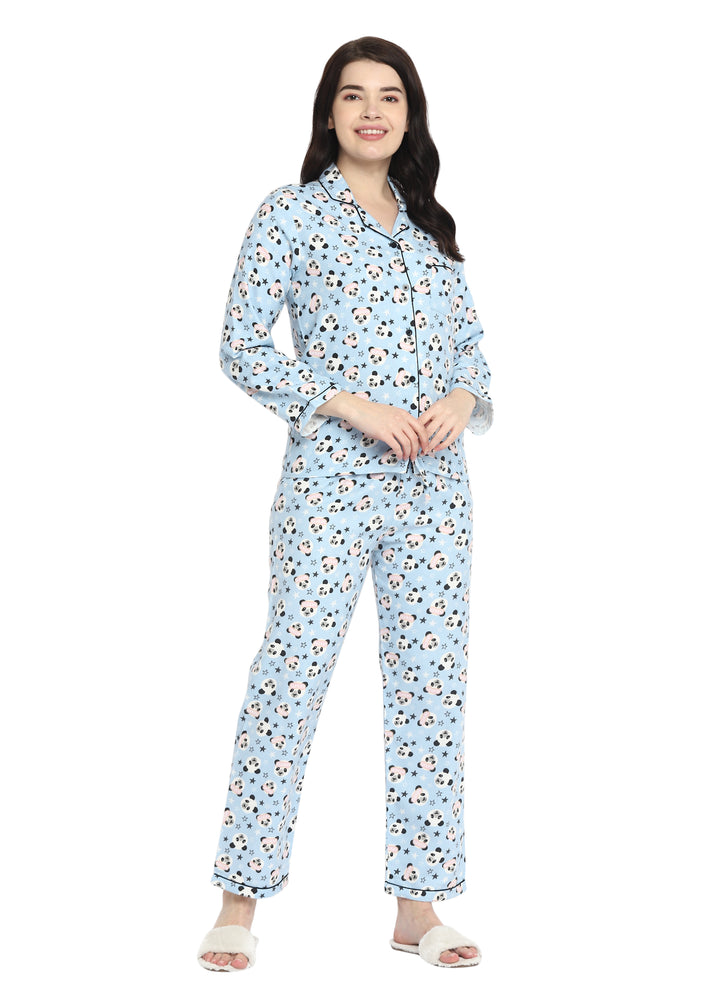 Sleepy Panda Print Cotton Flannel Long Sleeve Women's Night Suit - Shopbloom