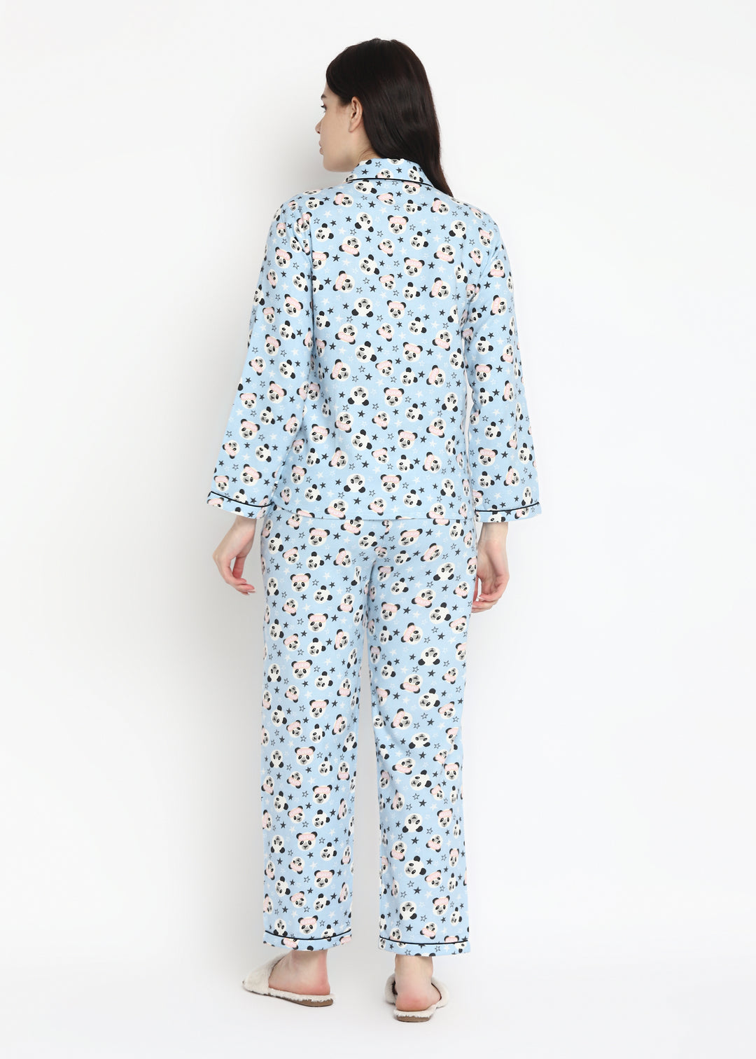 Sleepy Panda Print Cotton Flannel Long Sleeve Women's Night Suit - Shopbloom