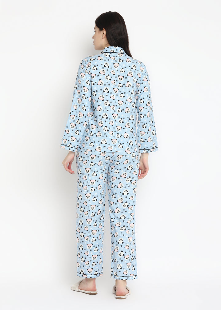Sleepy Panda Print Cotton Flannel Long Sleeve Women's Night Suit - Shopbloom