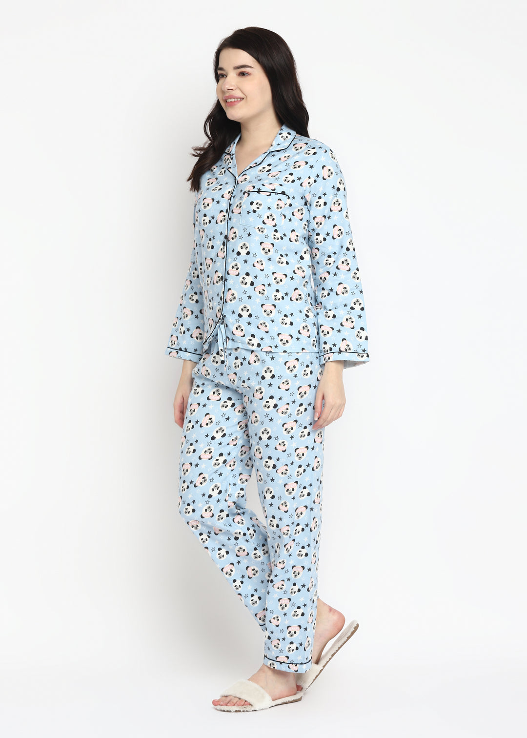 Sleepy Panda Print Cotton Flannel Long Sleeve Women's Night Suit - Shopbloom