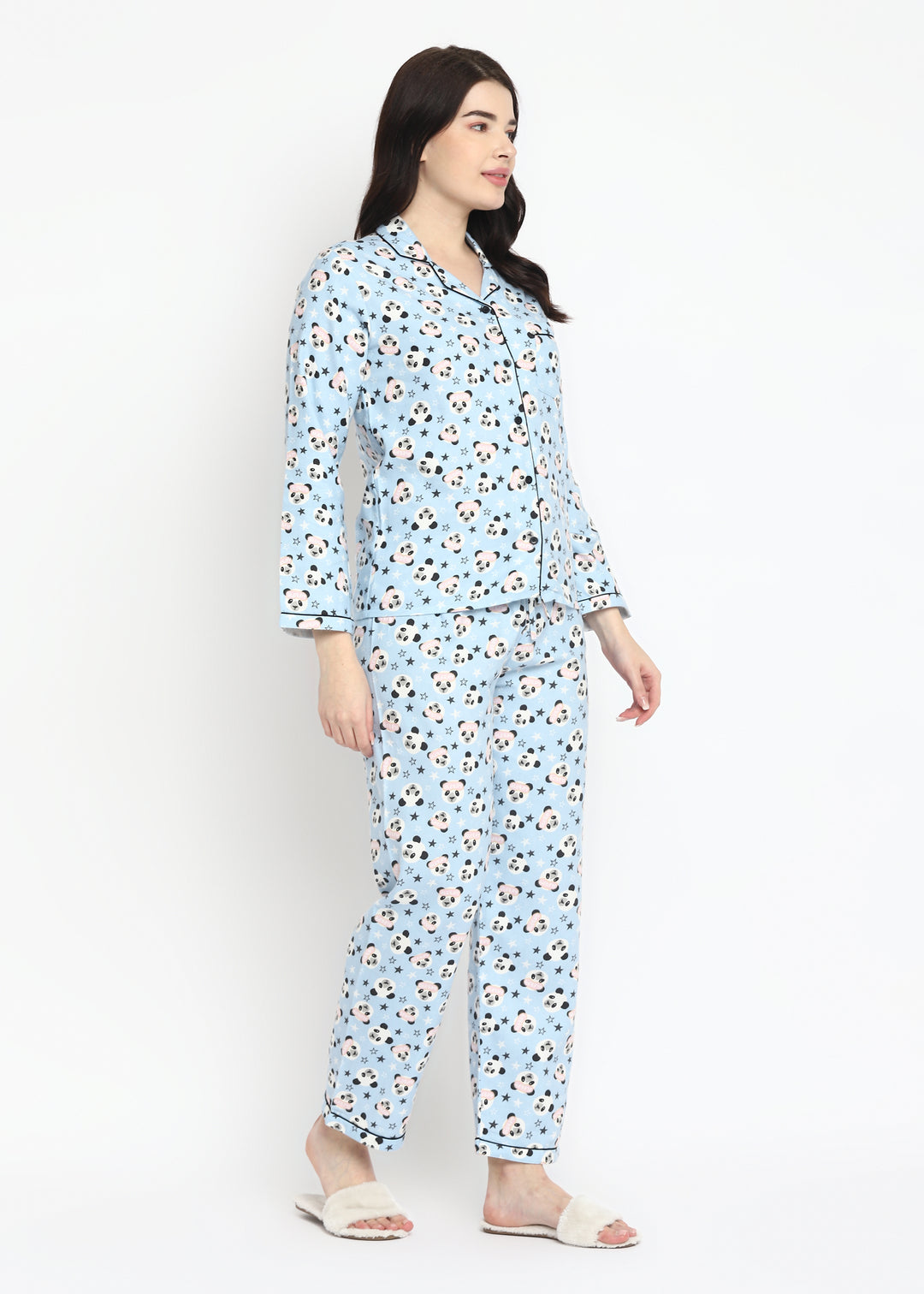 Sleepy Panda Print Cotton Flannel Long Sleeve Women's Night Suit - Shopbloom