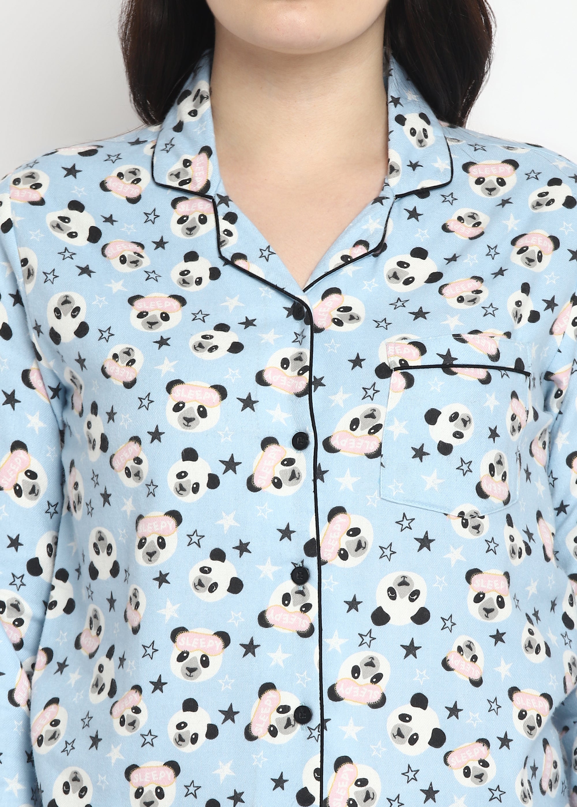 Sleepy Panda Print Cotton Flannel Long Sleeve Women's Night Suit - Shopbloom