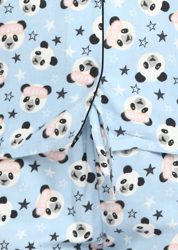 Sleepy Panda Print Cotton Flannel Long Sleeve Women's Night Suit - Shopbloom