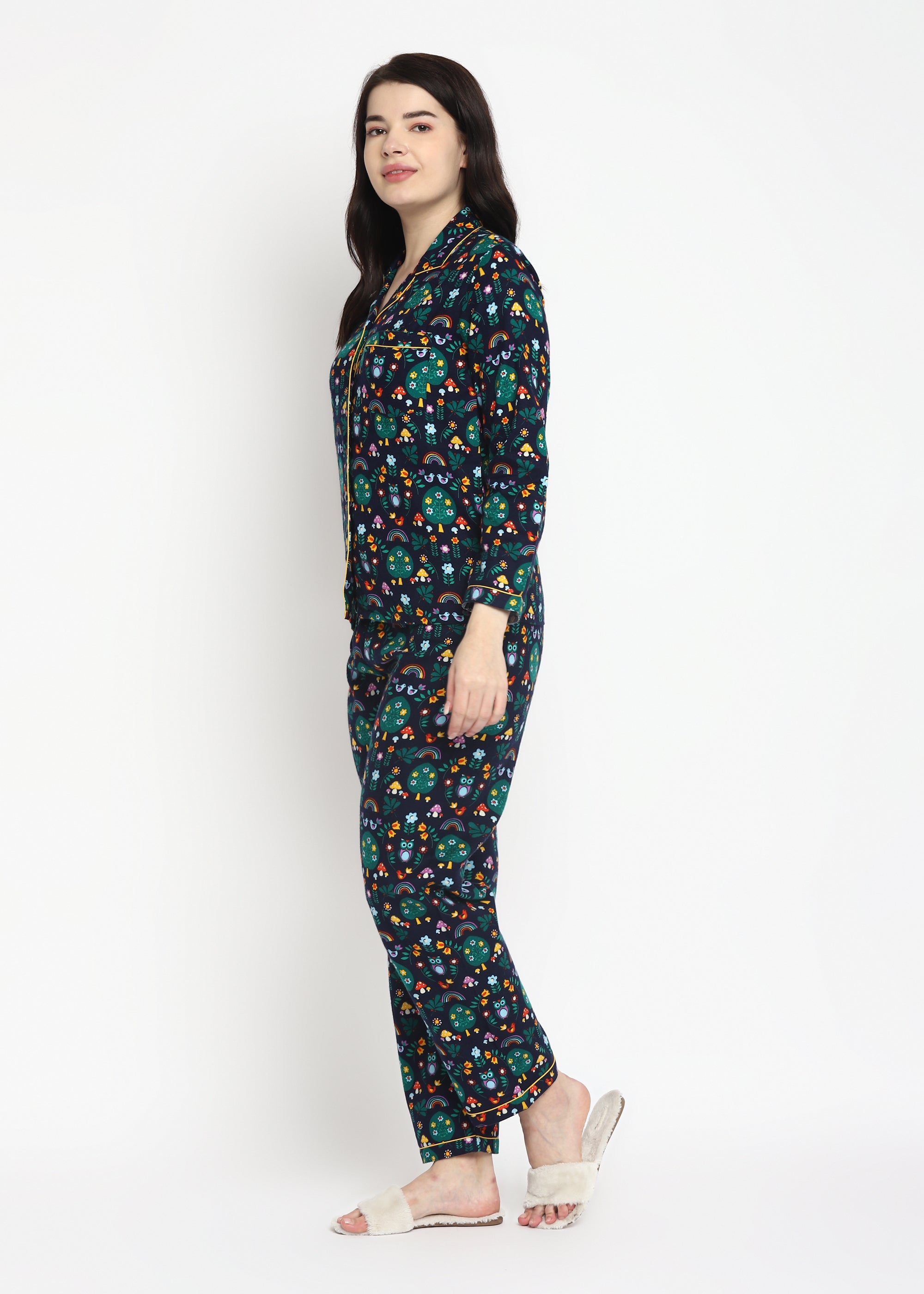 Rainbow Print Cotton Flannel Long Sleeve Women's Night Suit - Shopbloom