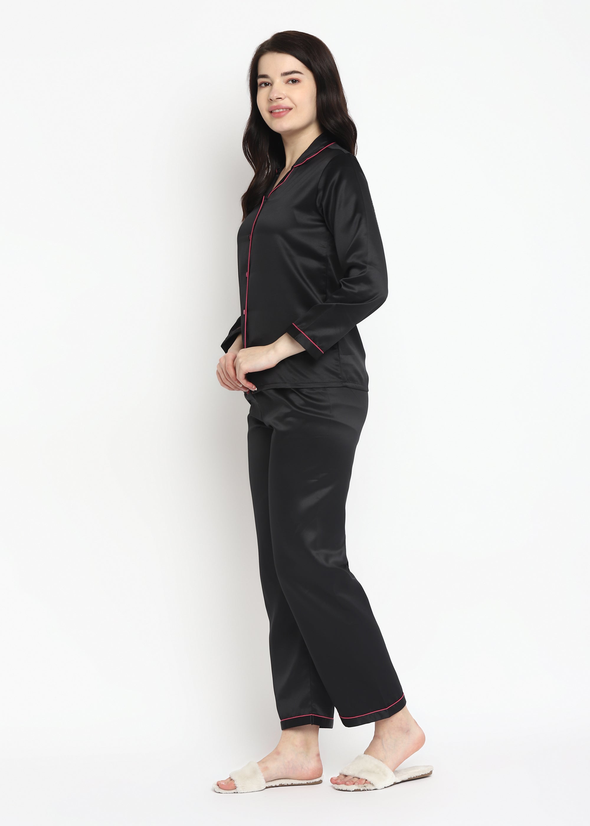 Black Satin Long Sleeve Women's Night Suit - Shopbloom