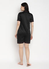 Black Satin Short Sleeve Women's Shorts Set - Shopbloom