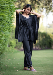 Ultra Soft Black Modal Satin Women's Kaftan Night Suit - Shopbloom