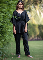 Ultra Soft Black Modal Satin Women's Kaftan Night Suit - Shopbloom