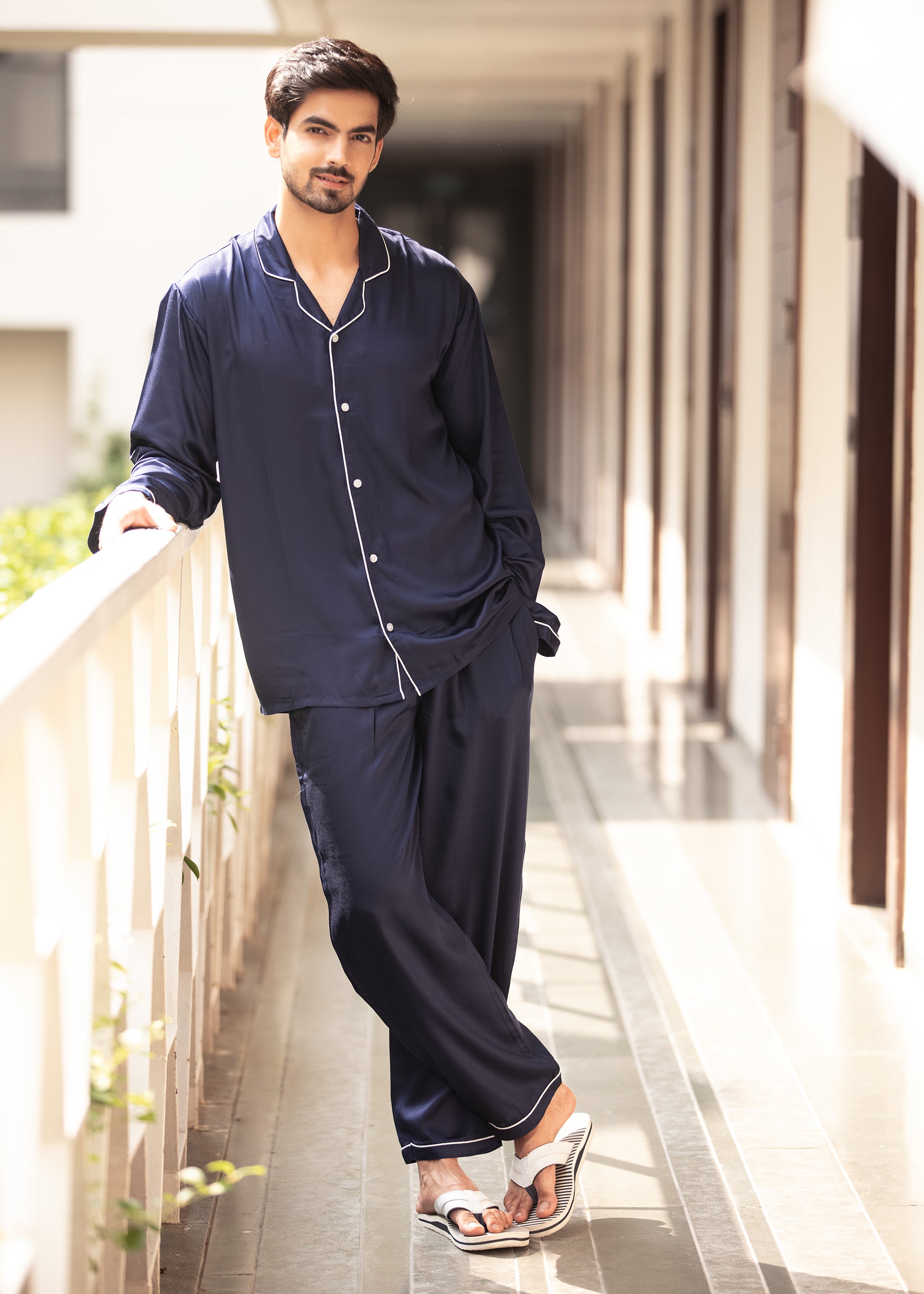 men night dress cotton Men's Cotton Flannel Nightshirt - Blue Stripe